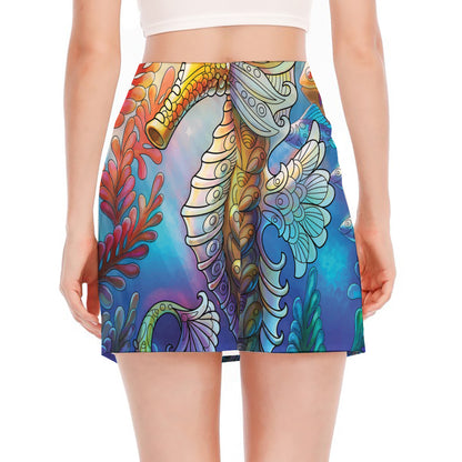Colorful Seahorse Print Side Slit Mini Skirt