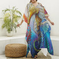 Colorful Seahorse Print Silk V-Neck Kaftan Dress