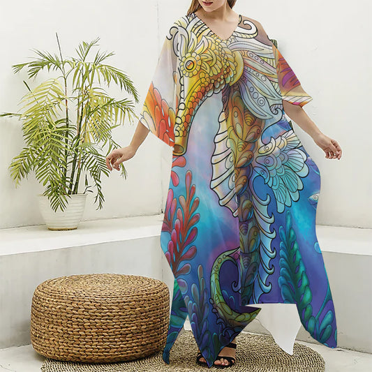 Colorful Seahorse Print Silk V-Neck Kaftan Dress
