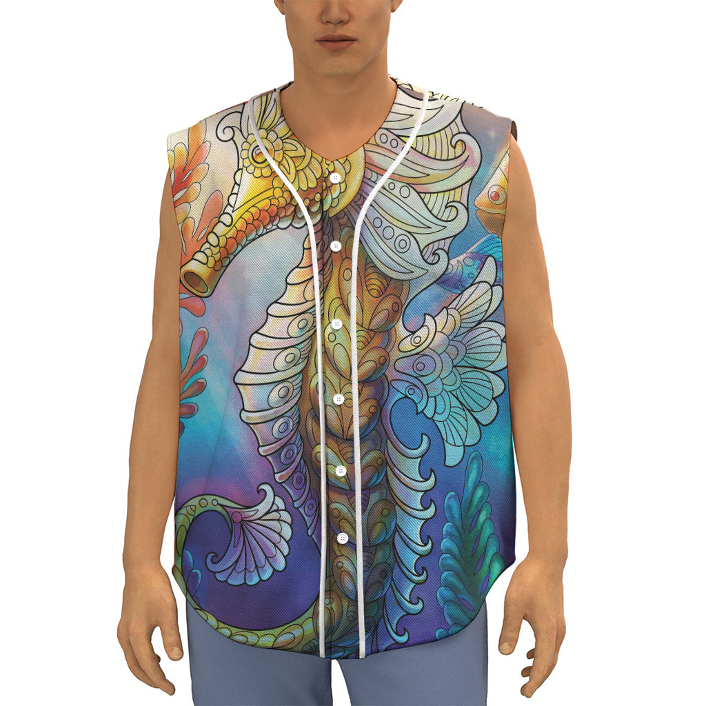 Colorful Seahorse Print Sleeveless Baseball Jersey
