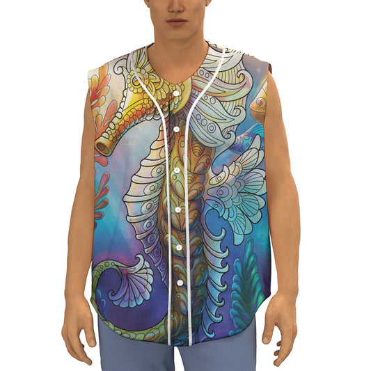 Colorful Seahorse Print Sleeveless Baseball Jersey