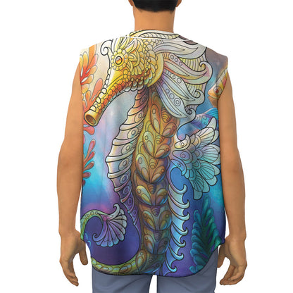 Colorful Seahorse Print Sleeveless Baseball Jersey