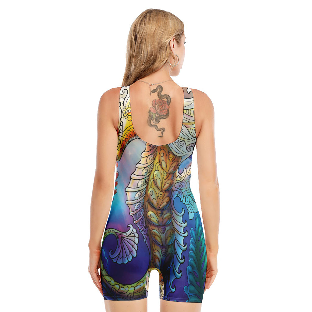 Colorful Seahorse Print Sleeveless One Piece Swimsuit