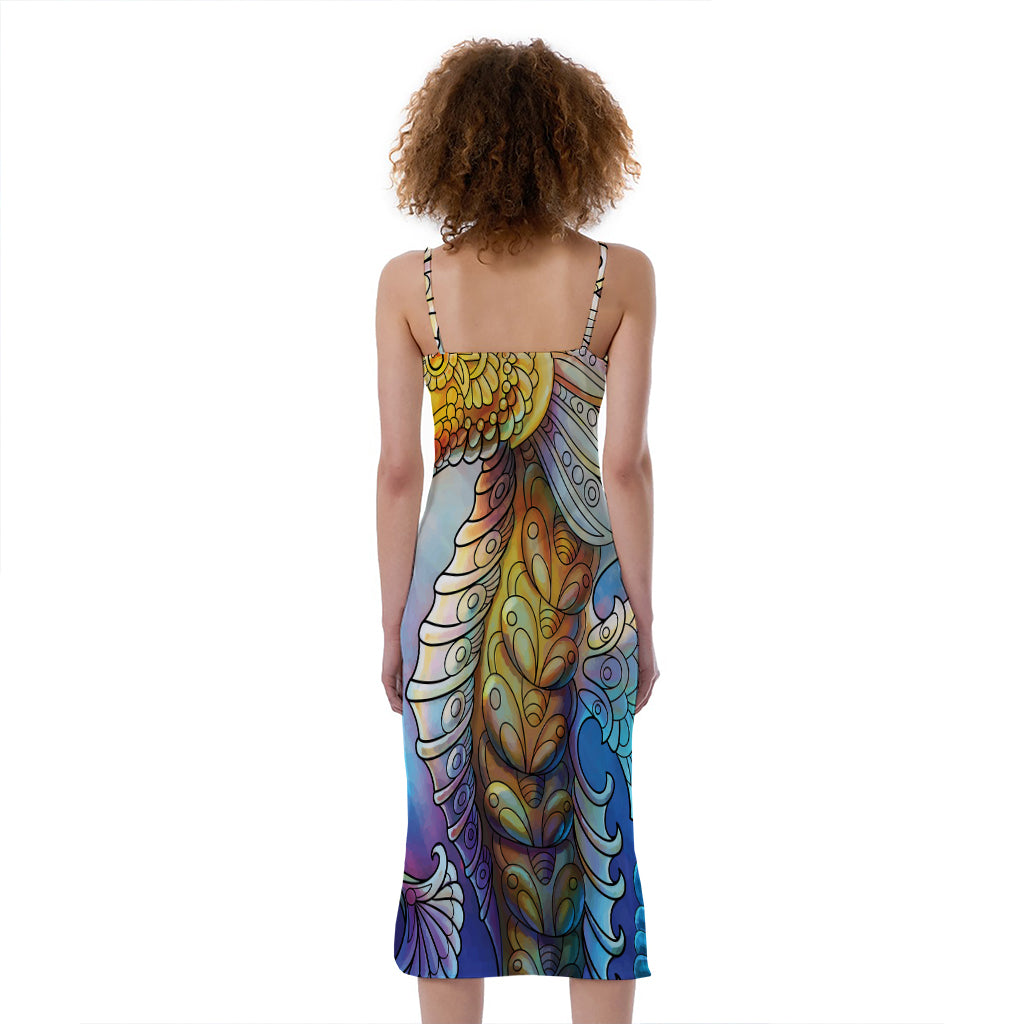 Colorful Seahorse Print Slim Fit Midi Cami Dress