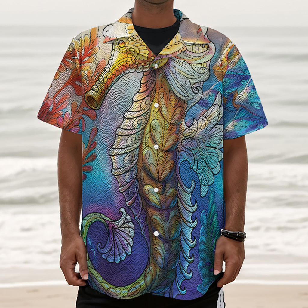 Colorful Seahorse Print Textured Short Sleeve Shirt