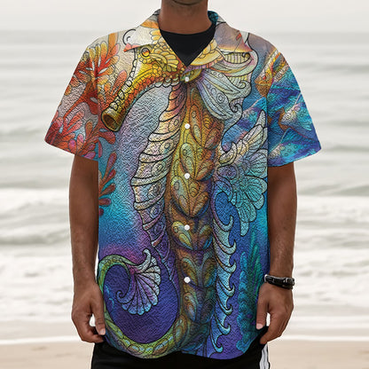 Colorful Seahorse Print Textured Short Sleeve Shirt