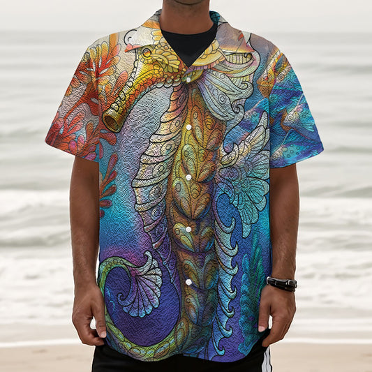 Colorful Seahorse Print Textured Short Sleeve Shirt