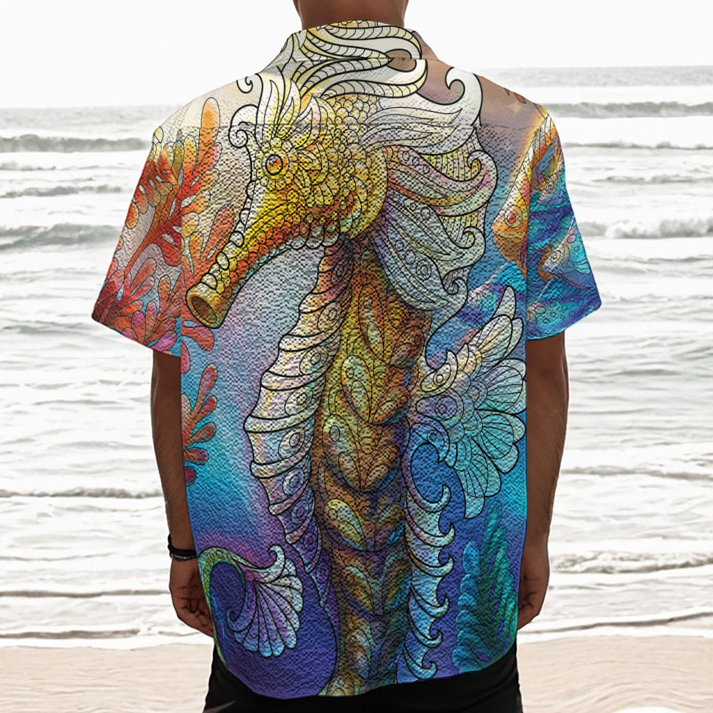 Colorful Seahorse Print Textured Short Sleeve Shirt