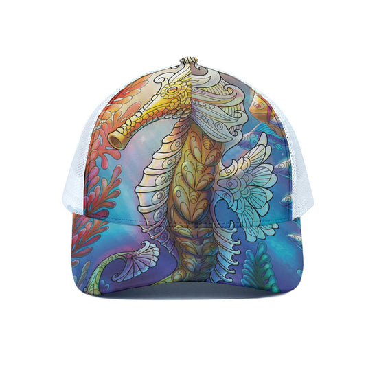 Colorful Seahorse Print White Mesh Trucker Cap