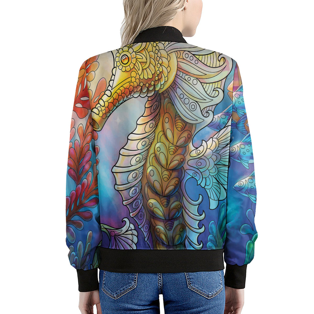 Colorful Seahorse Print Women's Bomber Jacket