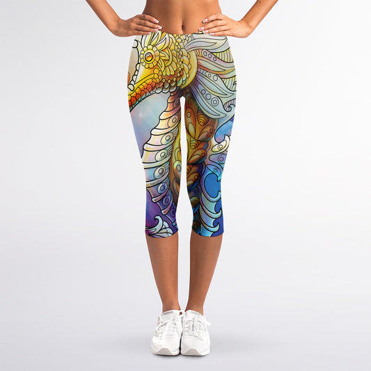 Colorful Seahorse Print Women's Capri Leggings