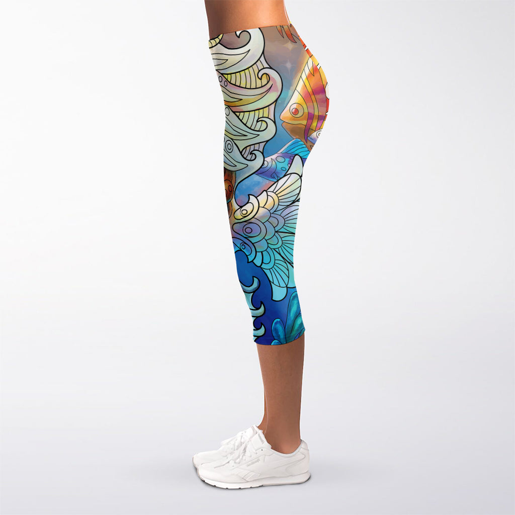 Colorful Seahorse Print Women's Capri Leggings