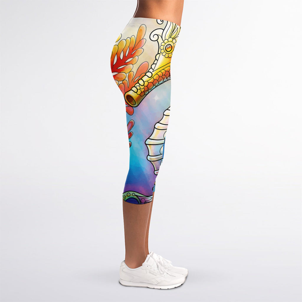 Colorful Seahorse Print Women's Capri Leggings