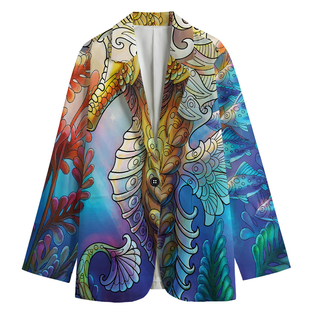 Colorful Seahorse Print Women's Cotton Blazer