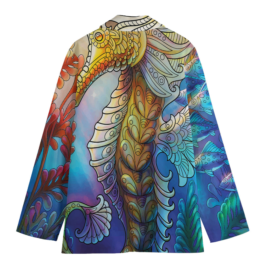 Colorful Seahorse Print Women's Cotton Blazer
