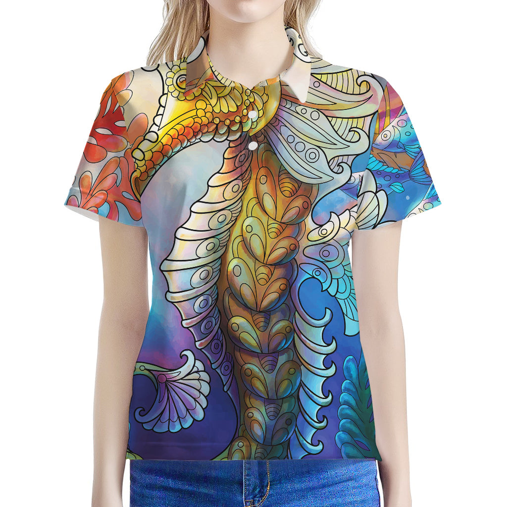 Colorful Seahorse Print Women's Polo Shirt