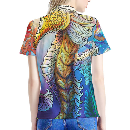 Colorful Seahorse Print Women's Polo Shirt