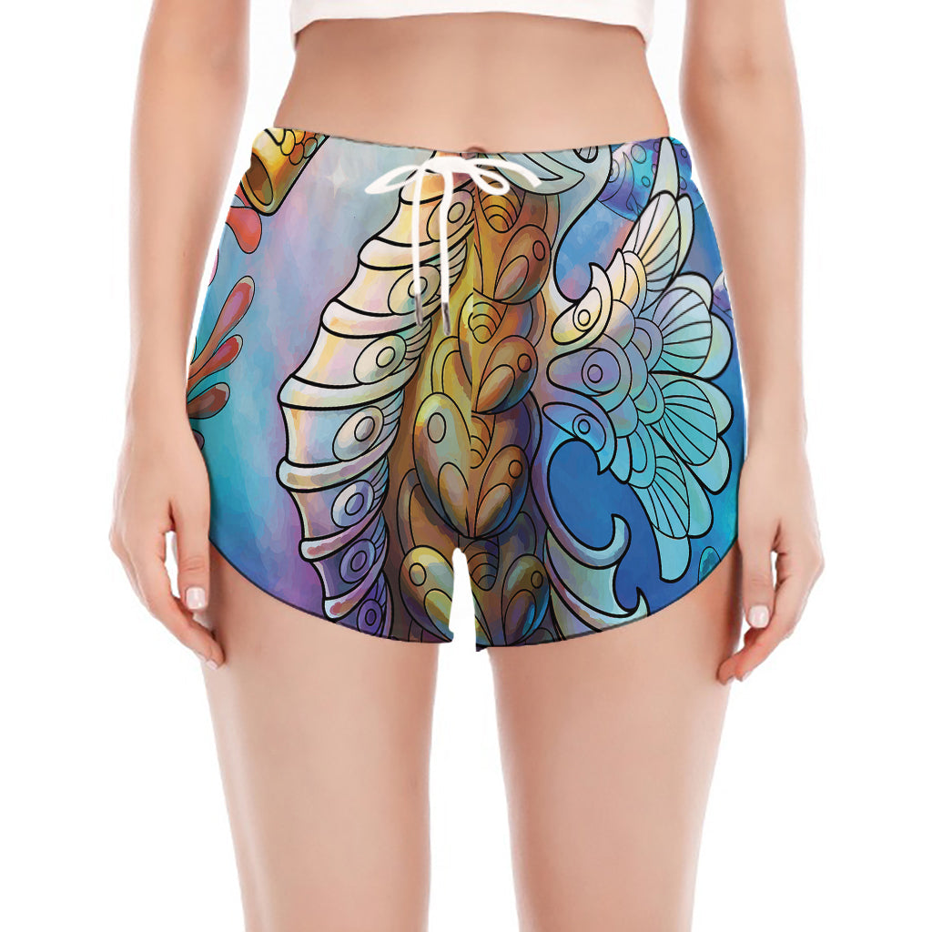 Colorful Seahorse Print Women's Split Running Shorts