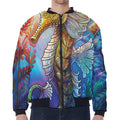Colorful Seahorse Print Zip Sleeve Bomber Jacket