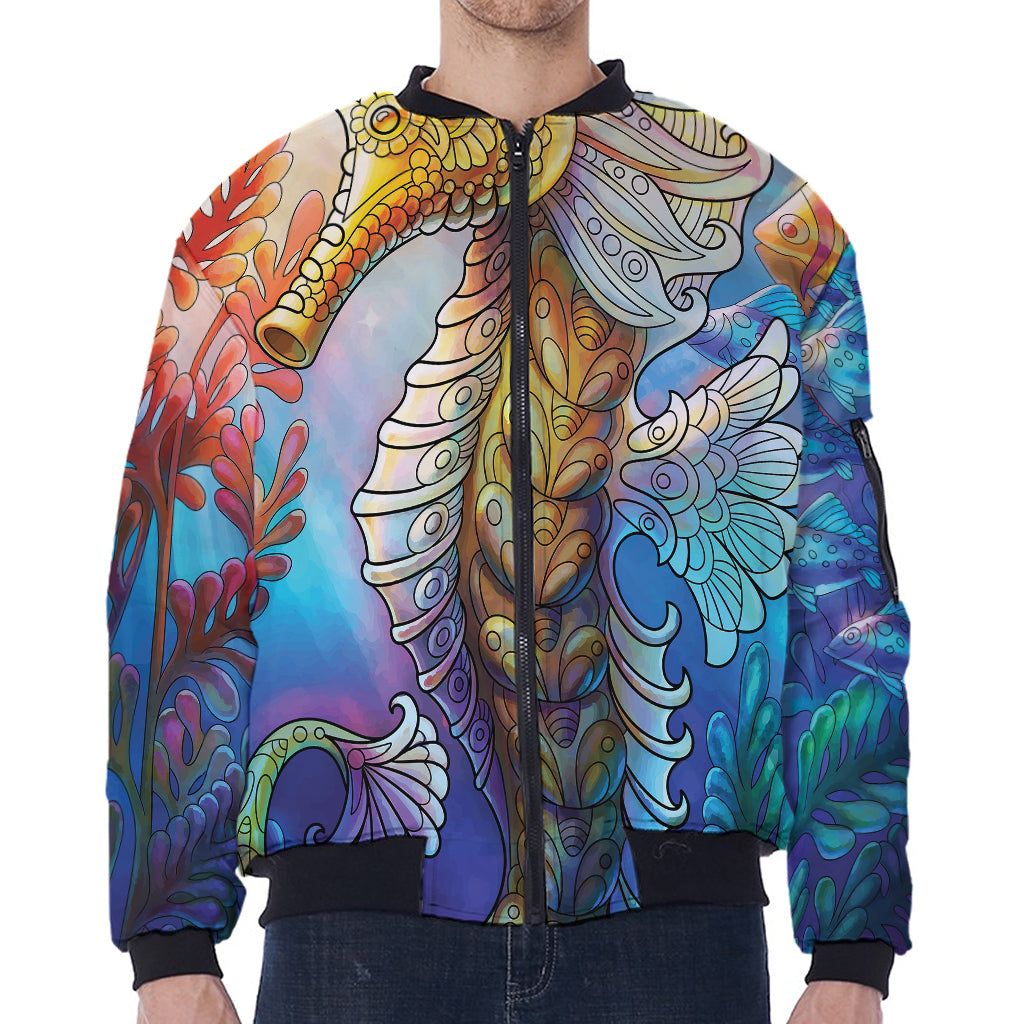 Colorful Seahorse Print Zip Sleeve Bomber Jacket