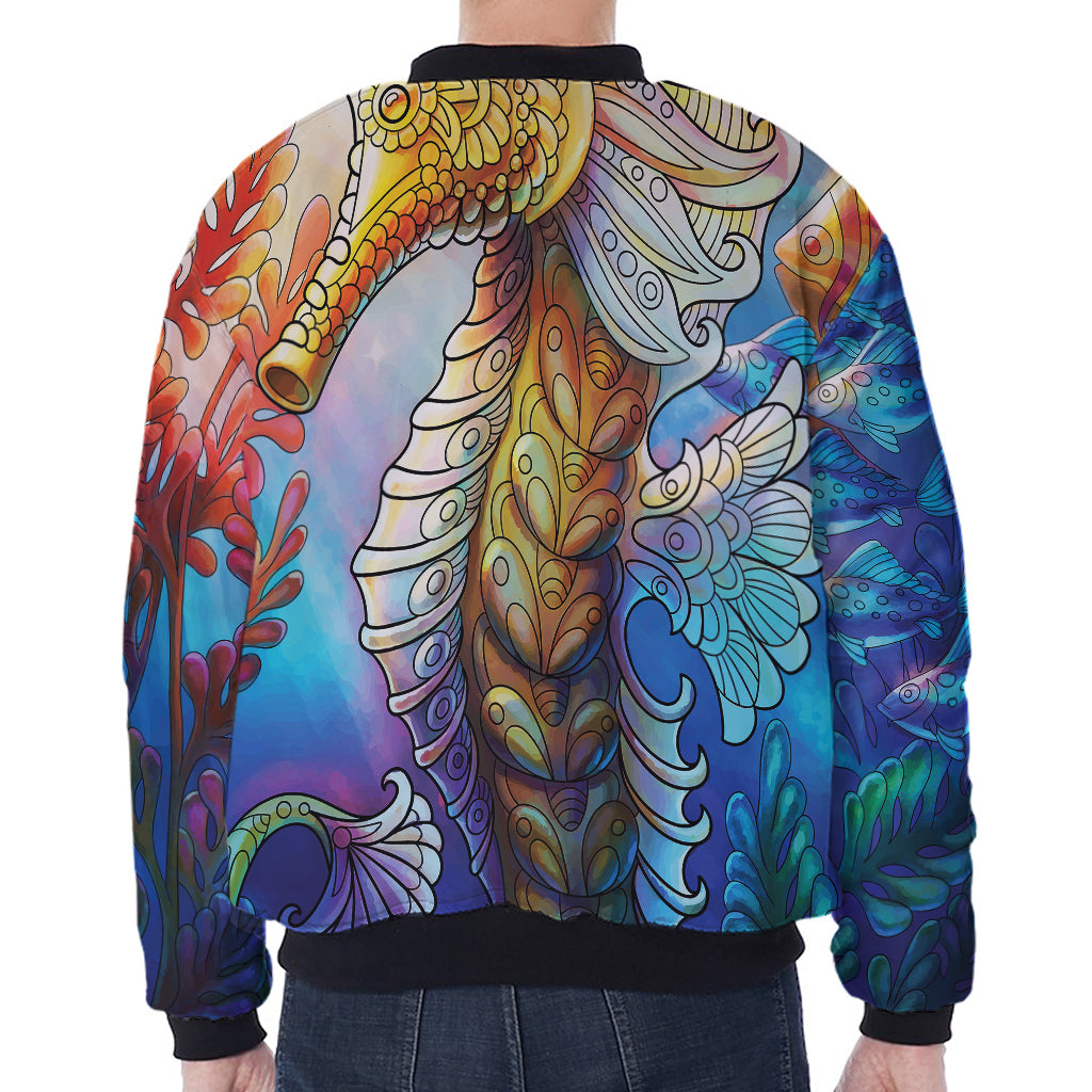 Colorful Seahorse Print Zip Sleeve Bomber Jacket