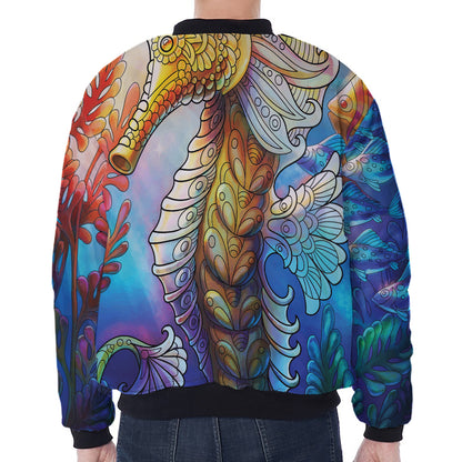 Colorful Seahorse Print Zip Sleeve Bomber Jacket