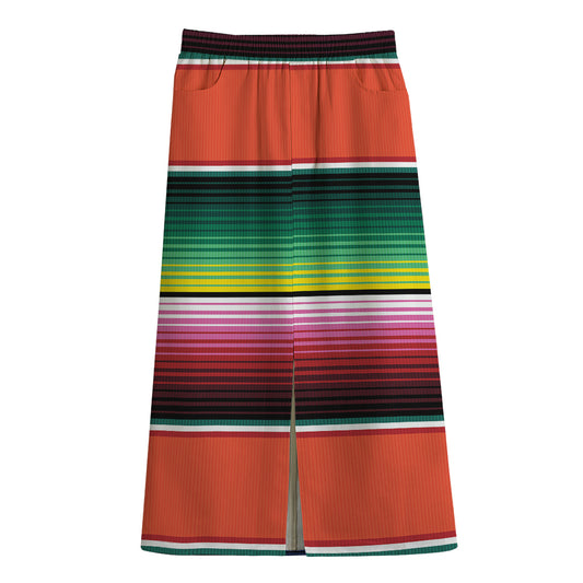 Colorful Serape Blanket Pattern Print Cotton Front Slit Maxi Skirt