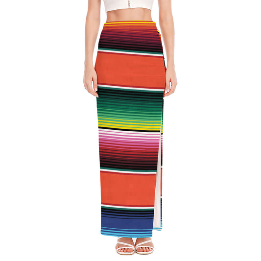 Colorful Serape Blanket Pattern Print High Slit Maxi Skirt