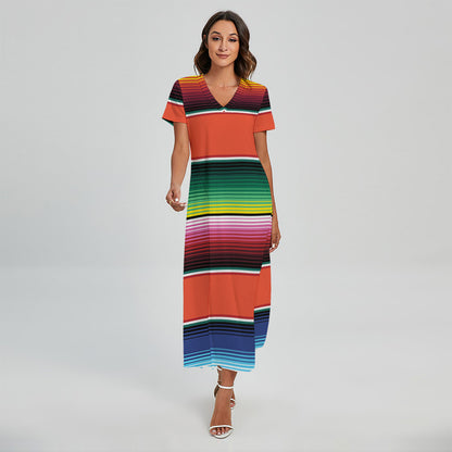 Colorful Serape Blanket Pattern Print Short Sleeve Maxi Dress