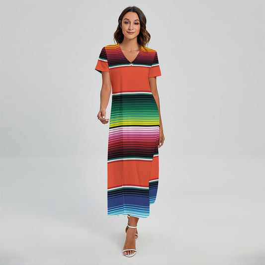 Colorful Serape Blanket Pattern Print Short Sleeve Maxi Dress