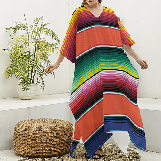 Colorful Serape Blanket Pattern Print Silk V-Neck Kaftan Dress