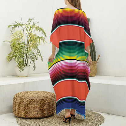 Colorful Serape Blanket Pattern Print Silk V-Neck Kaftan Dress