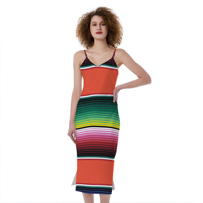 Colorful Serape Blanket Pattern Print Slim Fit Midi Cami Dress