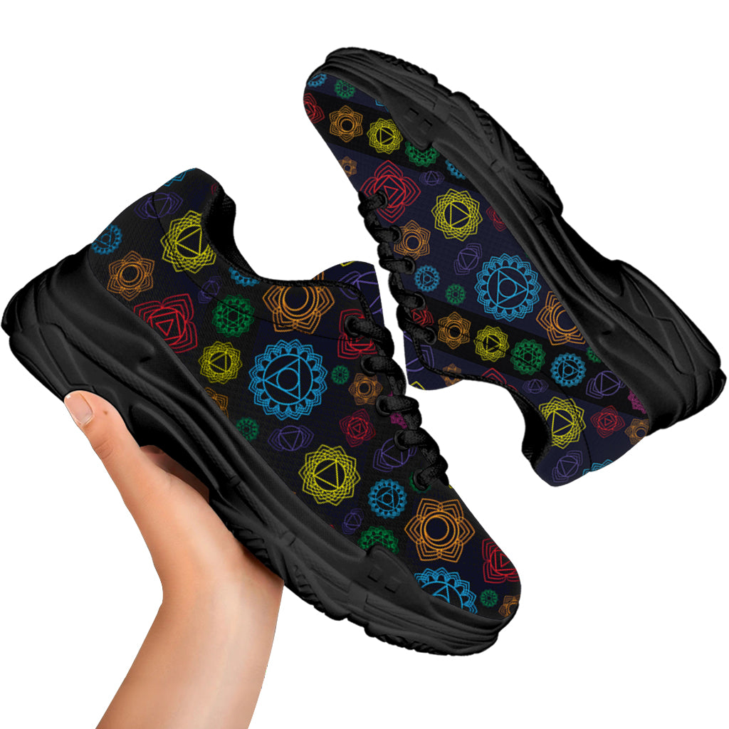 Colorful Seven Chakras Pattern Print Black Chunky Shoes