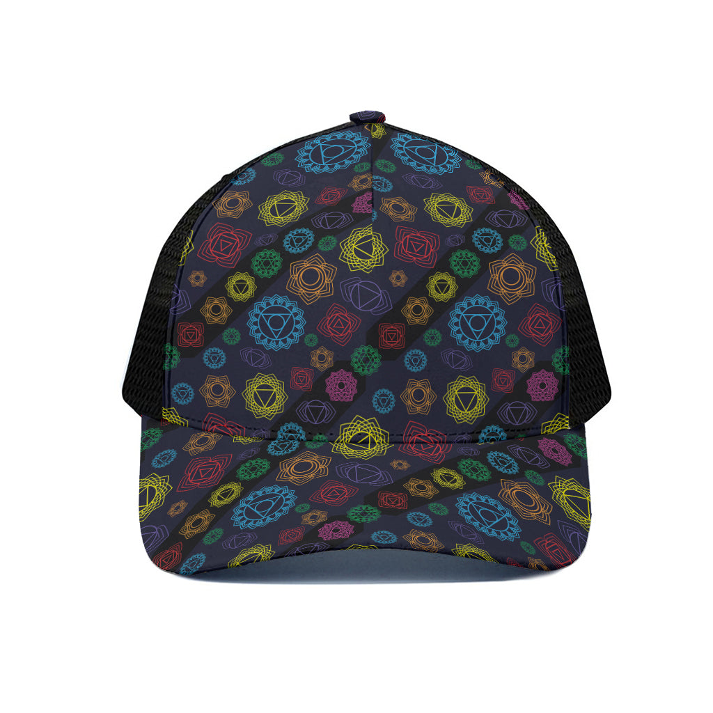 Colorful Seven Chakras Pattern Print Black Mesh Trucker Cap