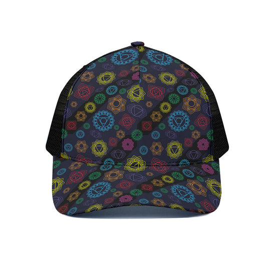 Colorful Seven Chakras Pattern Print Black Mesh Trucker Cap