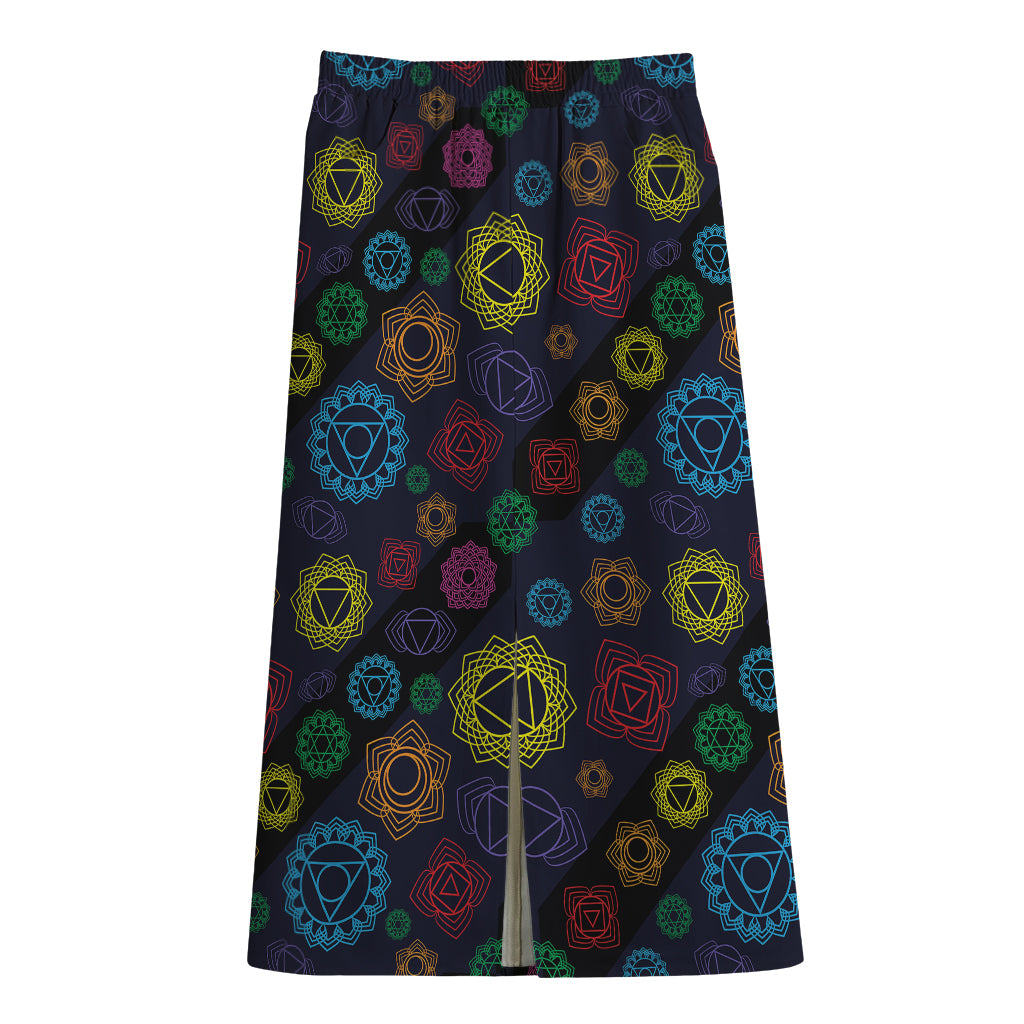 Colorful Seven Chakras Pattern Print Cotton Front Slit Maxi Skirt