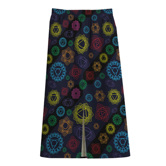 Colorful Seven Chakras Pattern Print Cotton Front Slit Maxi Skirt