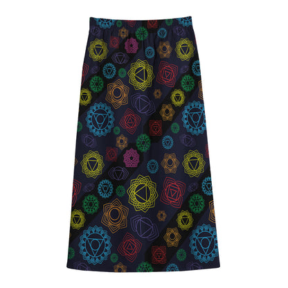 Colorful Seven Chakras Pattern Print Cotton Front Slit Maxi Skirt