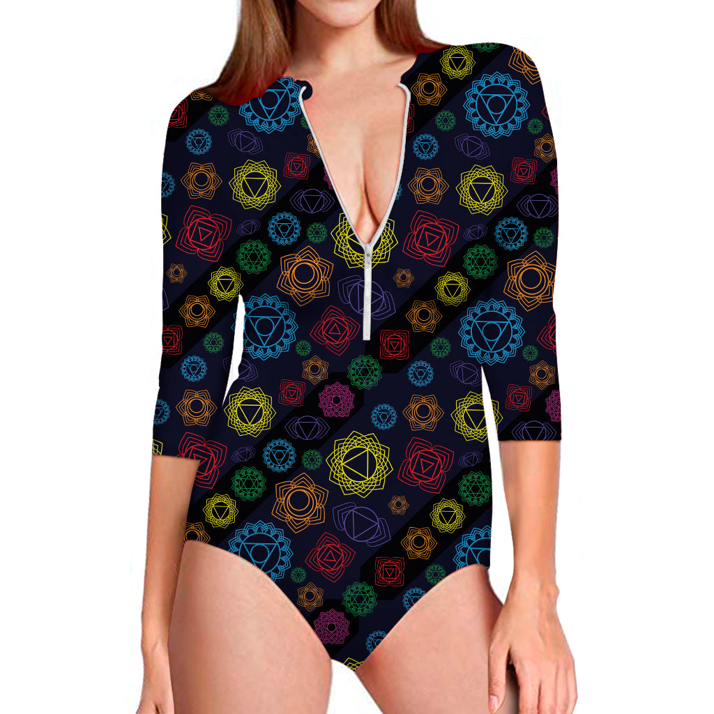 Colorful Seven Chakras Pattern Print Long Sleeve Swimsuit