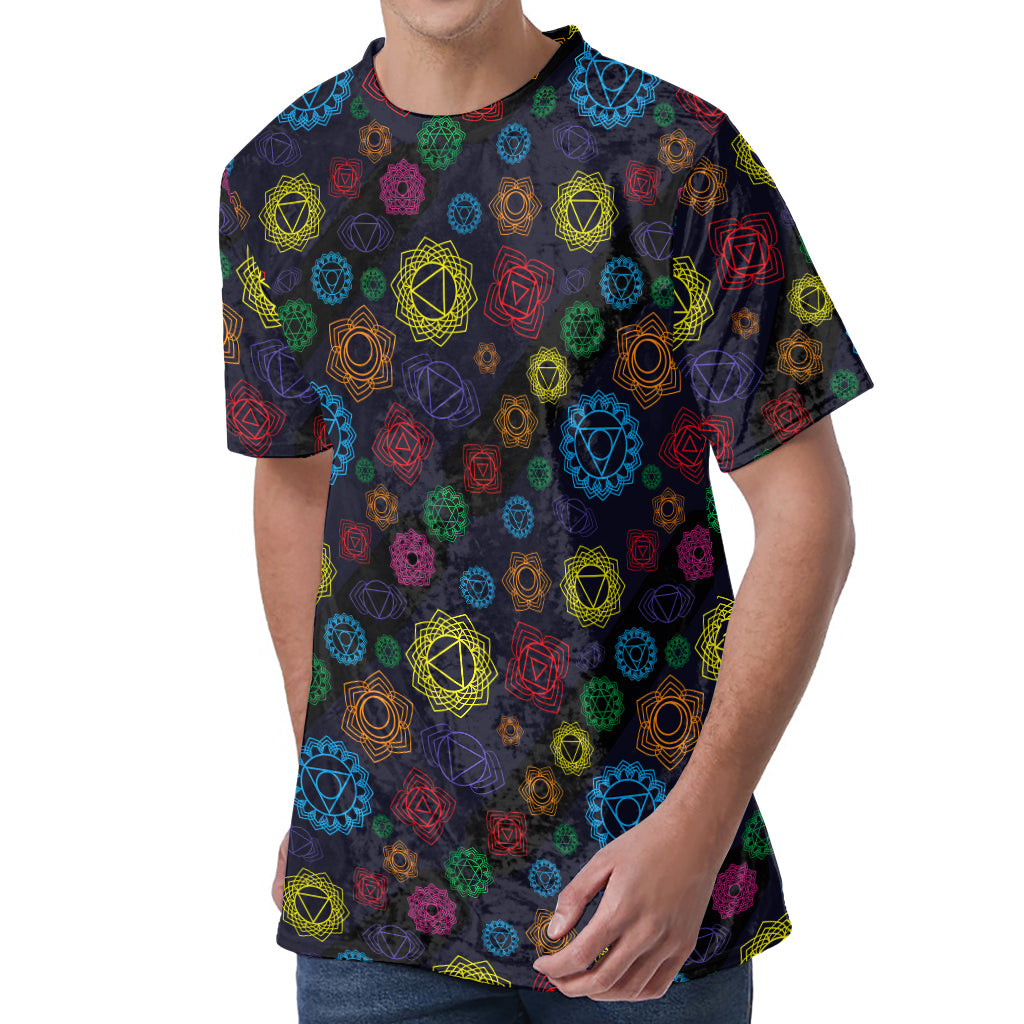 Colorful Seven Chakras Pattern Print Men's Velvet T-Shirt