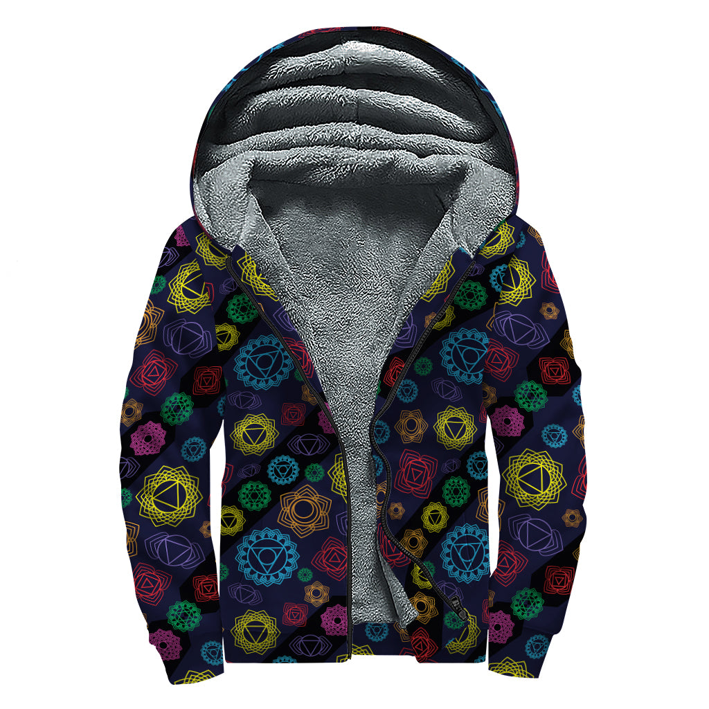 Colorful Seven Chakras Pattern Print Sherpa Lined Zip Up Hoodie