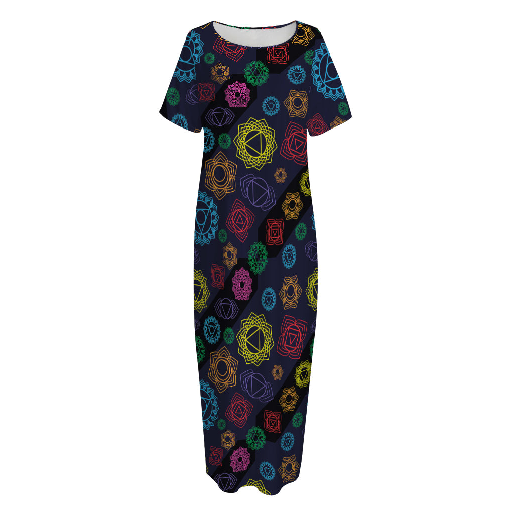 Colorful Seven Chakras Pattern Print Short Sleeve Long Nightdress