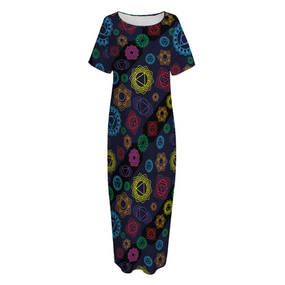 Colorful Seven Chakras Pattern Print Short Sleeve Long Nightdress