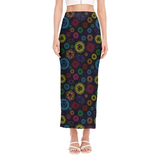 Colorful Seven Chakras Pattern Print Side Slit Maxi Skirt