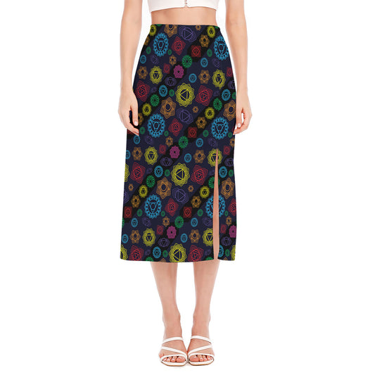 Colorful Seven Chakras Pattern Print Side Slit Midi Skirt