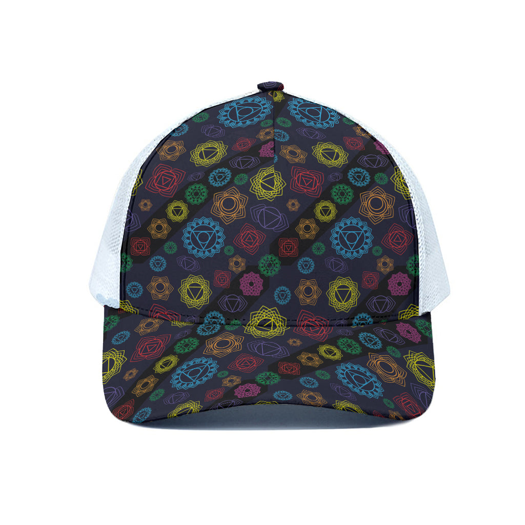 Colorful Seven Chakras Pattern Print White Mesh Trucker Cap