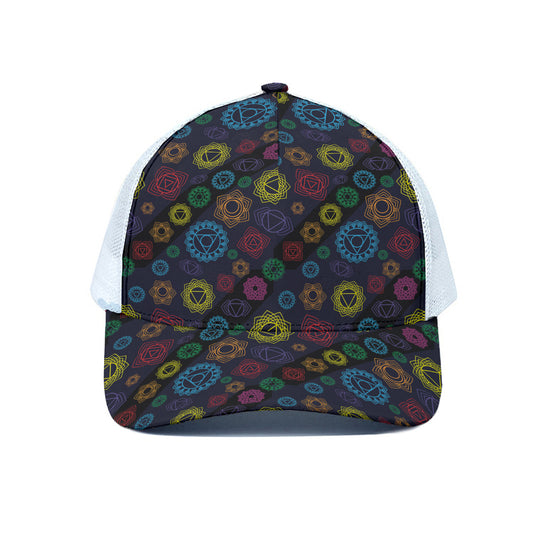Colorful Seven Chakras Pattern Print White Mesh Trucker Cap