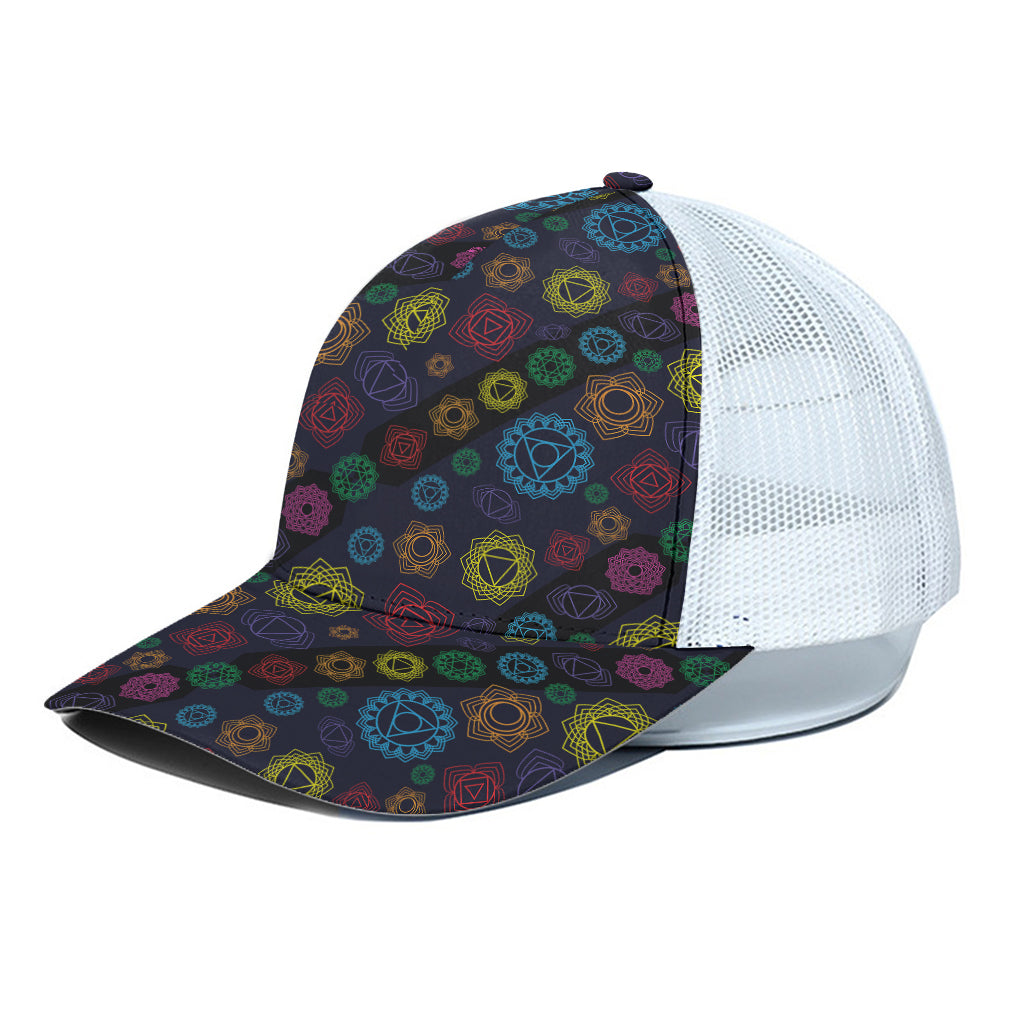 Colorful Seven Chakras Pattern Print White Mesh Trucker Cap