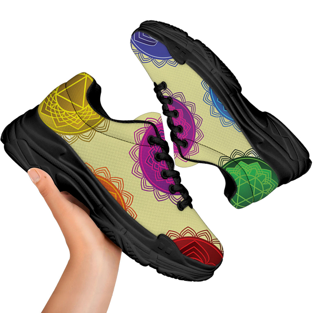 Colorful Seven Chakras Print Black Chunky Shoes